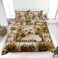 Havanese dog quilt blanket displayed on a bed with sunflower, farmhouse, and rustic patchwork artwork