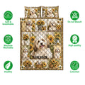 Havanese dog quilt blanket and pillowcases shown with sunflower artwork and product feature icons