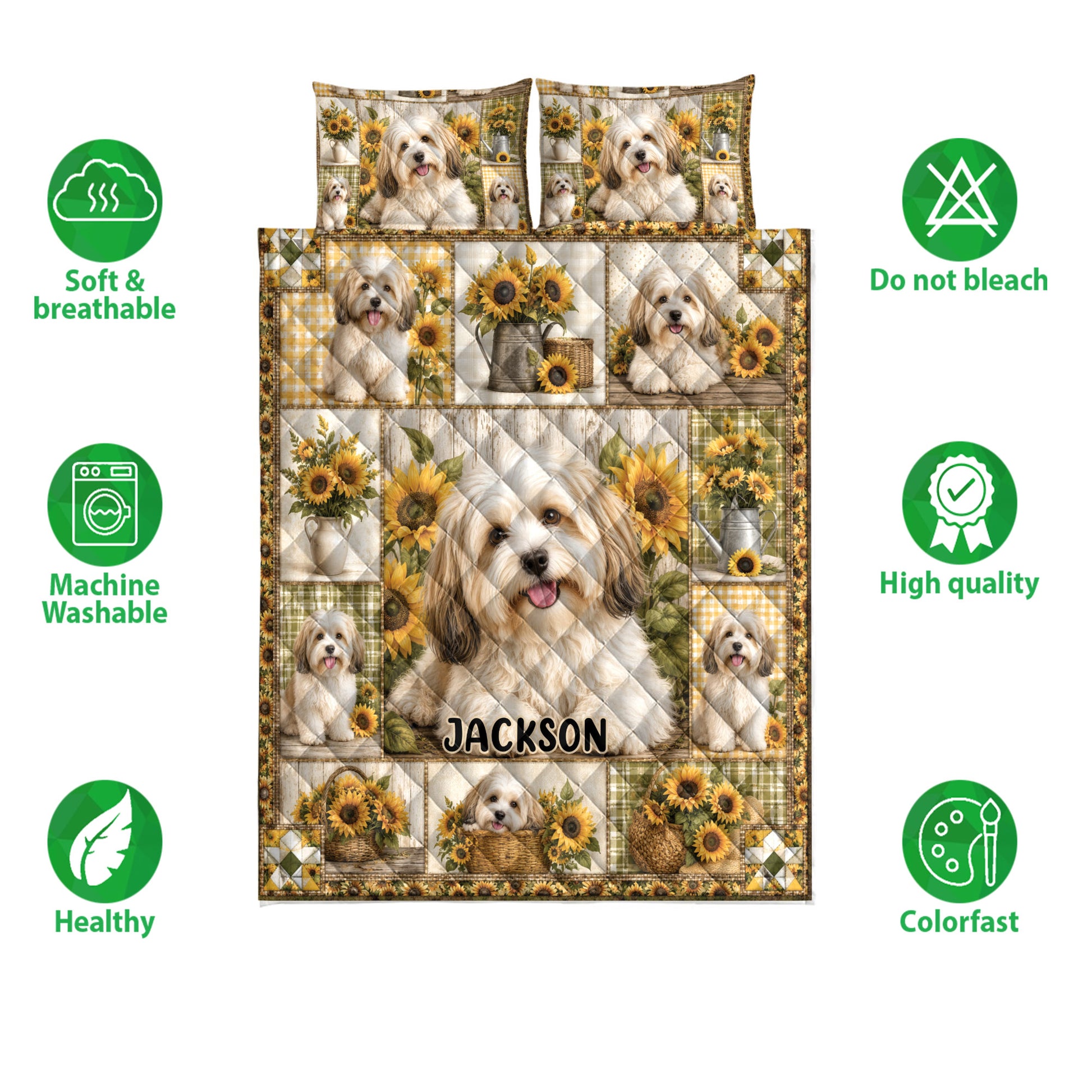 Havanese dog quilt blanket and pillowcases shown with sunflower artwork and product feature icons
