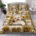 Havanese and sunflower quilt blanket styled on a bright bedroom bed with coordinated pillowcases