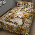 Rustic Havanese dog quilt blanket displayed across a bed with sunflower and basket artwork
