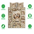 Havanese quilt bedding set shown with floral dog artwork and feature icons around the quilt