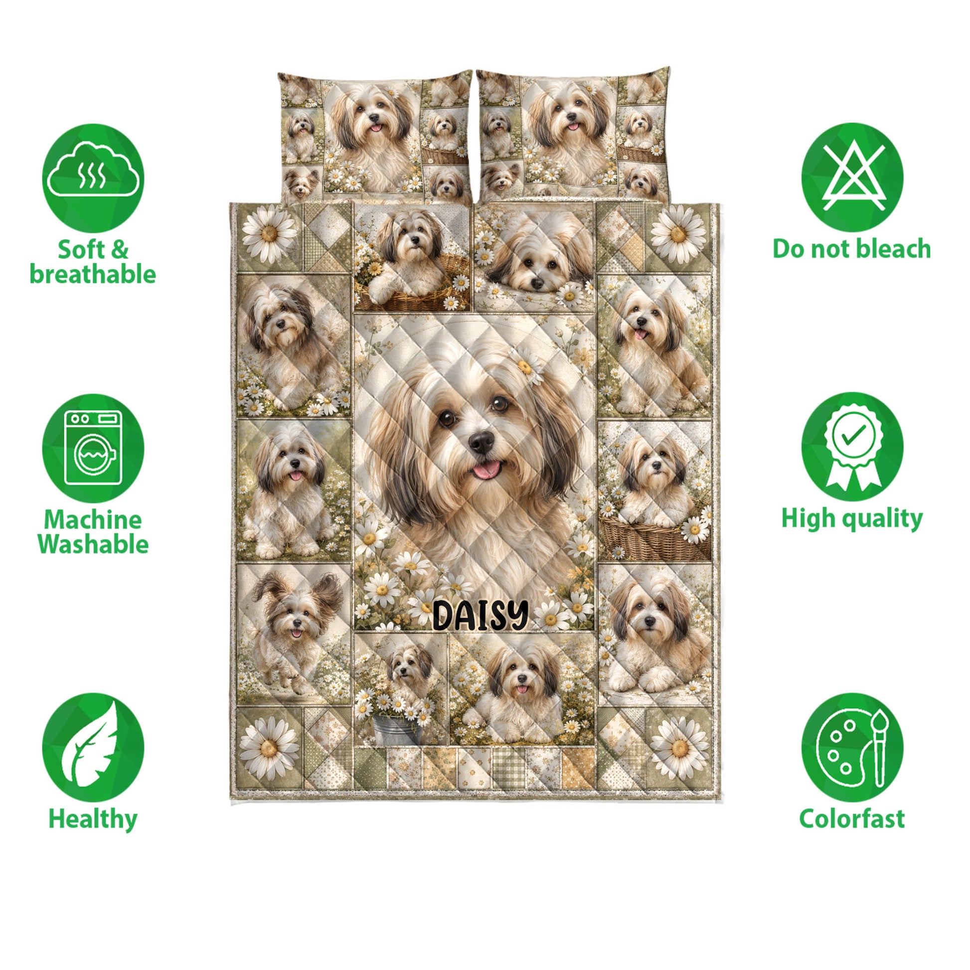 Havanese quilt bedding set shown with floral dog artwork and feature icons around the quilt