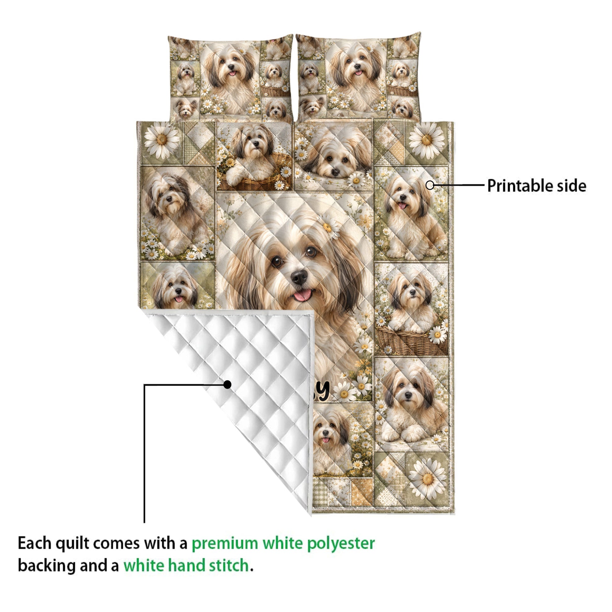 Havanese quilt blanket showing the printed floral side and white diamond-stitched backing