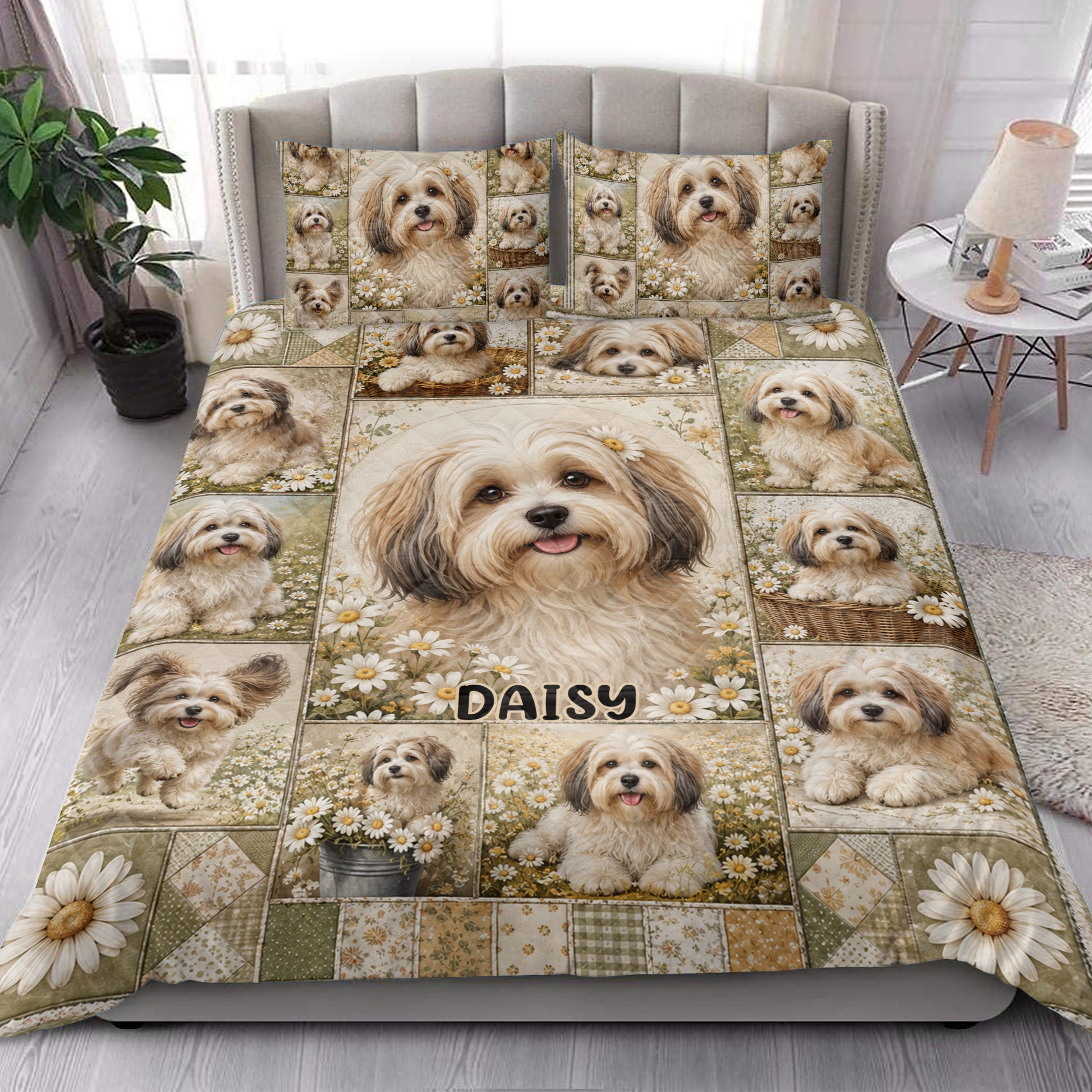 Havanese quilt blanket styled on a bedroom bed with matching floral dog artwork