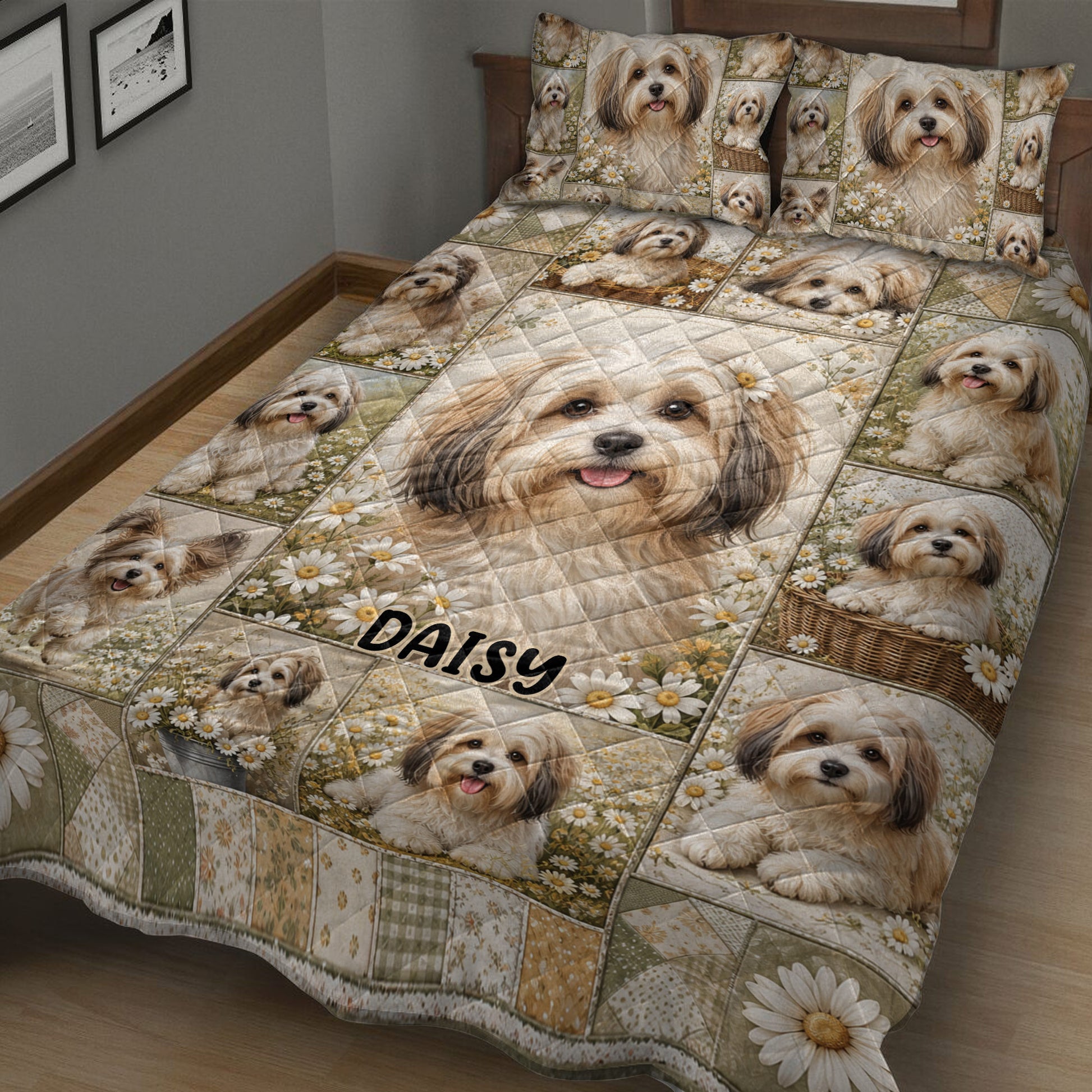 Close bedroom view of a Havanese quilt blanket with repeated dog portraits and daisies