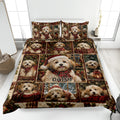 Christmas Havanese quilt blanket displayed on a bed with festive dogs, plaid, holly and lantern artwork
