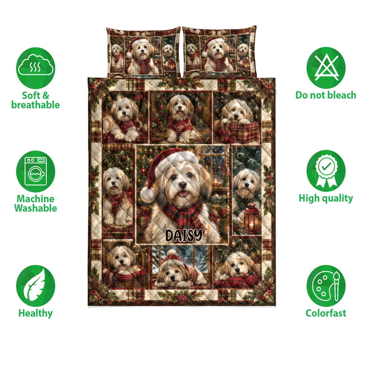 Havanese Christmas quilt bedding set shown with soft breathable and machine washable feature icons