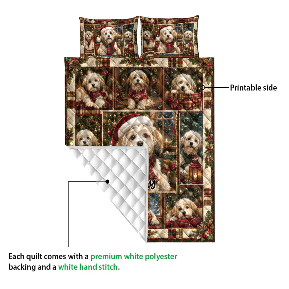 Havanese Christmas quilt blanket showing the printed front and white quilted backing