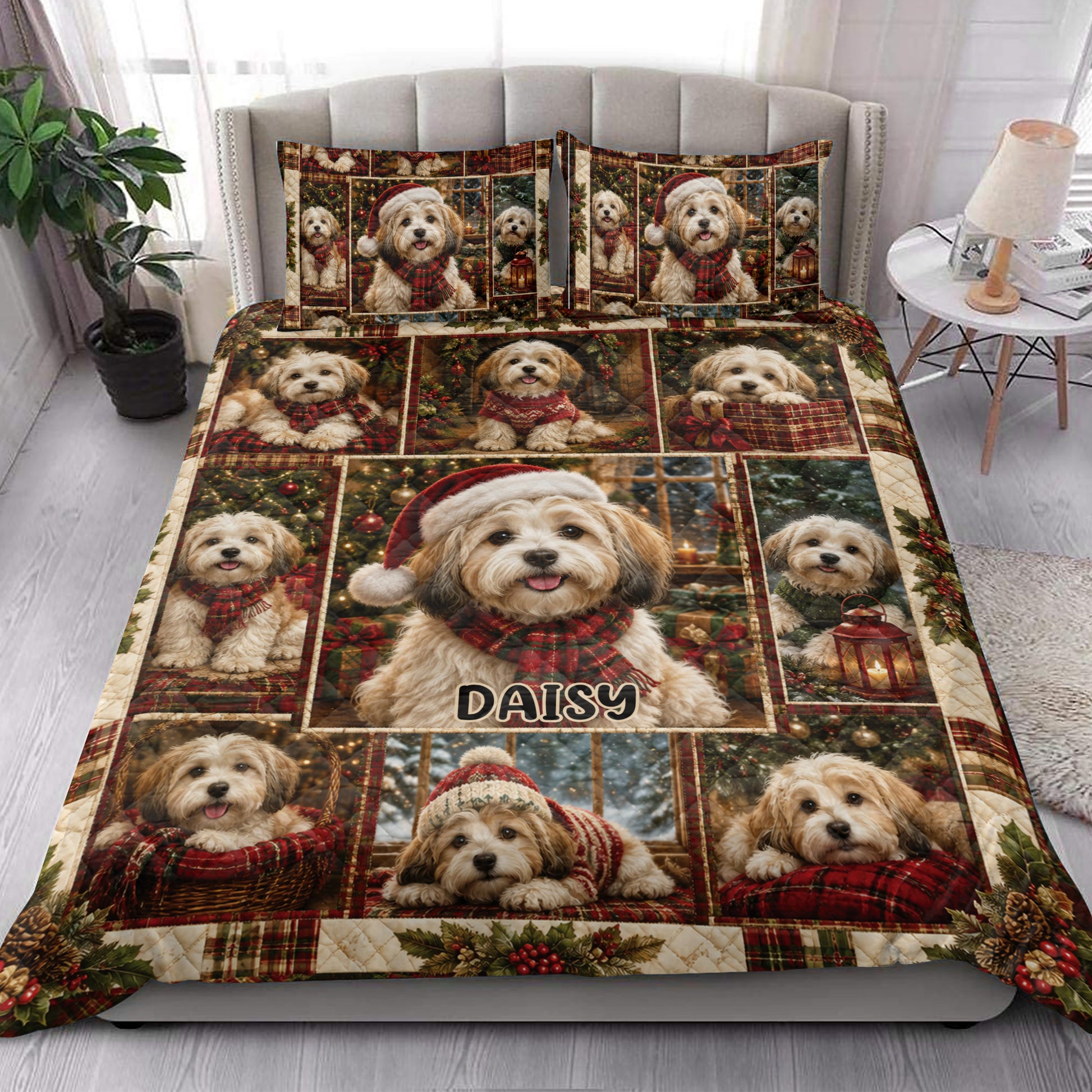 Festive Havanese quilt blanket styled on a bedroom bed with matching printed pillowcase options