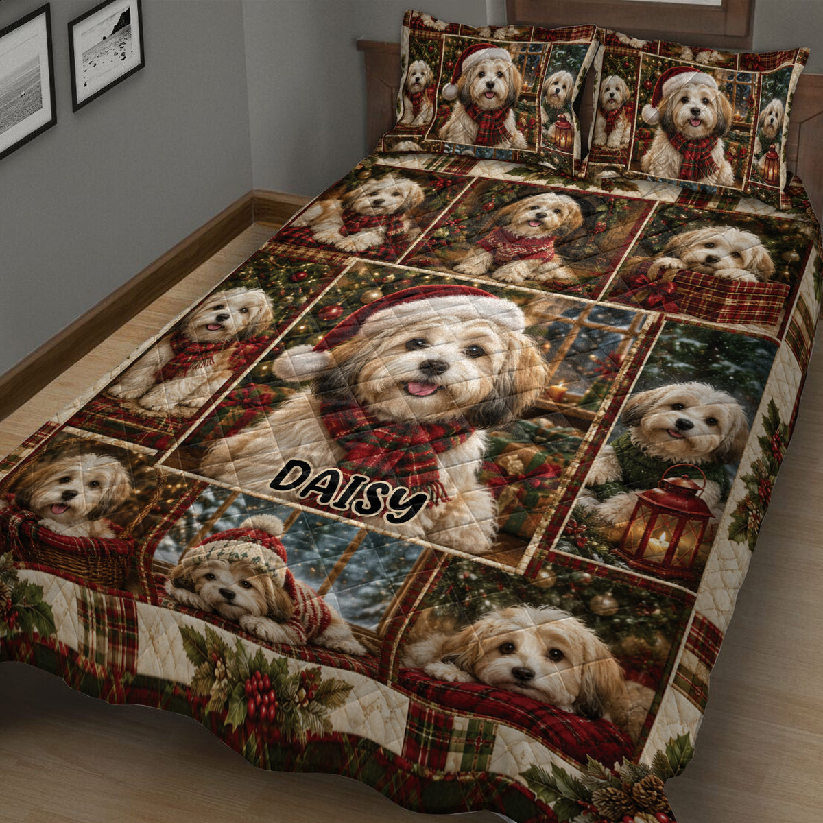 Close bedroom view of a Christmas Havanese quilt blanket with plaid, ornaments and holly details