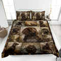 Boykin Spaniel quilt blanket displayed on a bed with hunting dog and woodland artwork
