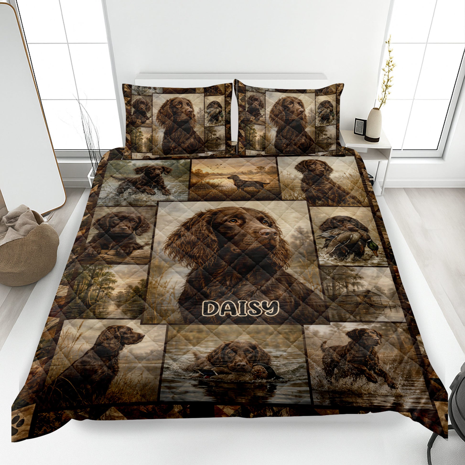 Boykin Spaniel quilt blanket displayed on a bed with hunting dog and woodland artwork