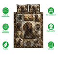 Boykin Spaniel quilt bedding set shown with dog portraits, duck scenes, and product feature icons