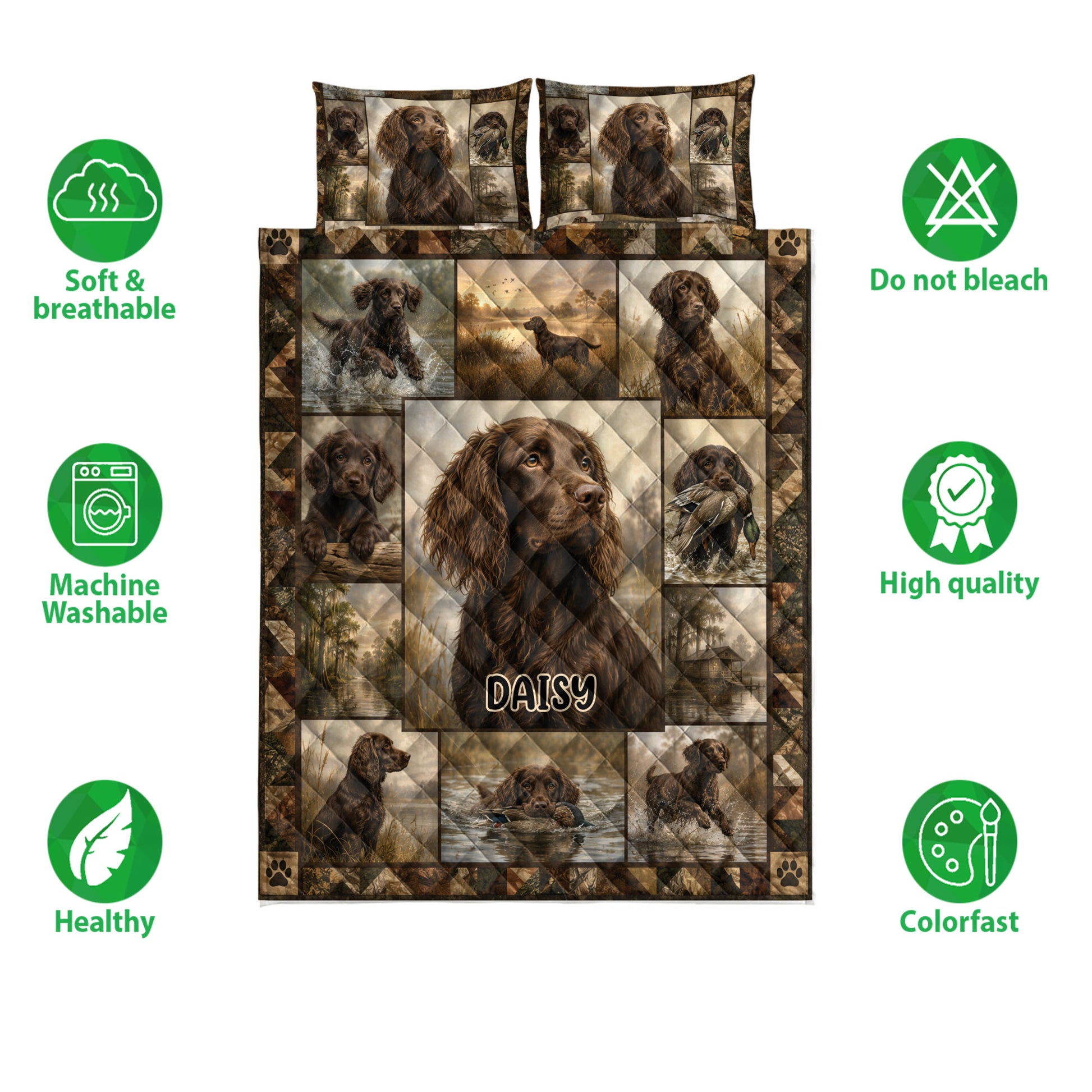 Boykin Spaniel quilt bedding set shown with dog portraits, duck scenes, and product feature icons