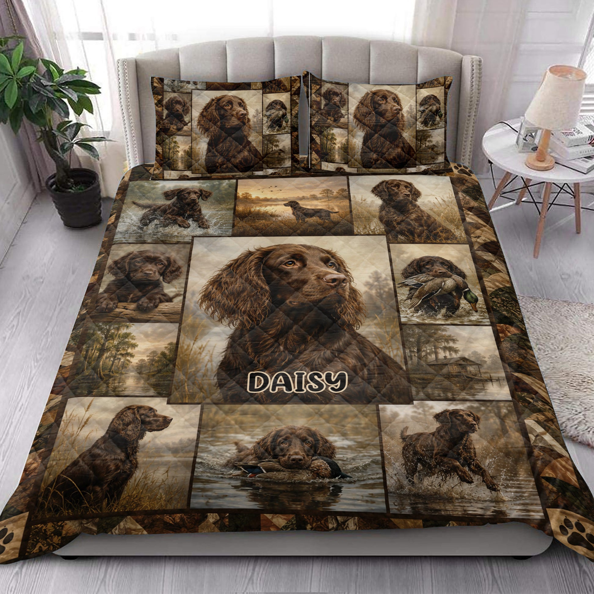 Boykin Spaniel quilt blanket styled on a bed with brown hunting dog artwork