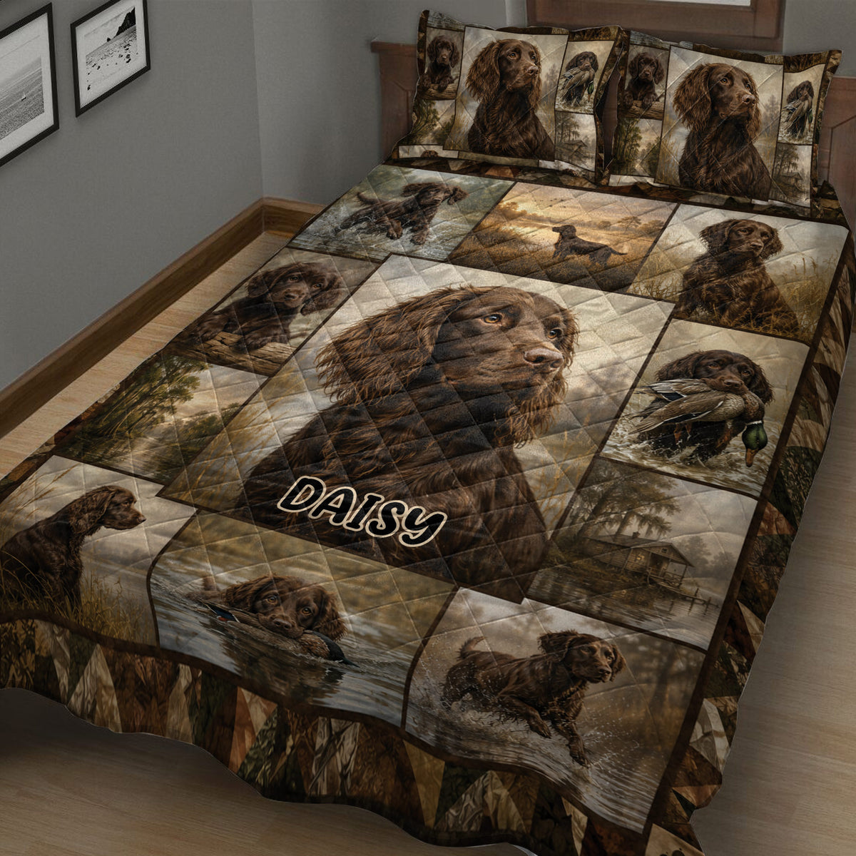 Close view of Boykin Spaniel quilt blanket with waterfowl, marsh, and outdoor hunting scenes