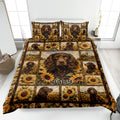 Boykin Spaniel quilt blanket on a bed with sunflower panels, rural scenes, and a central dog portrait