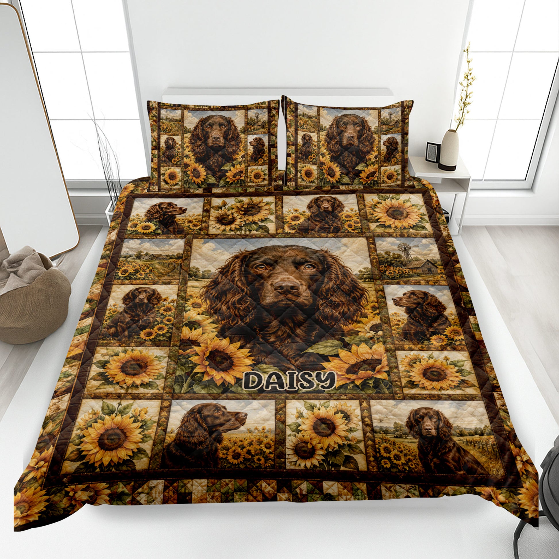 Boykin Spaniel quilt blanket on a bed with sunflower panels, rural scenes, and a central dog portrait
