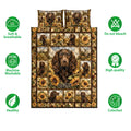 Boykin Spaniel quilt bedding set displayed with sunflower artwork and feature icons around the design