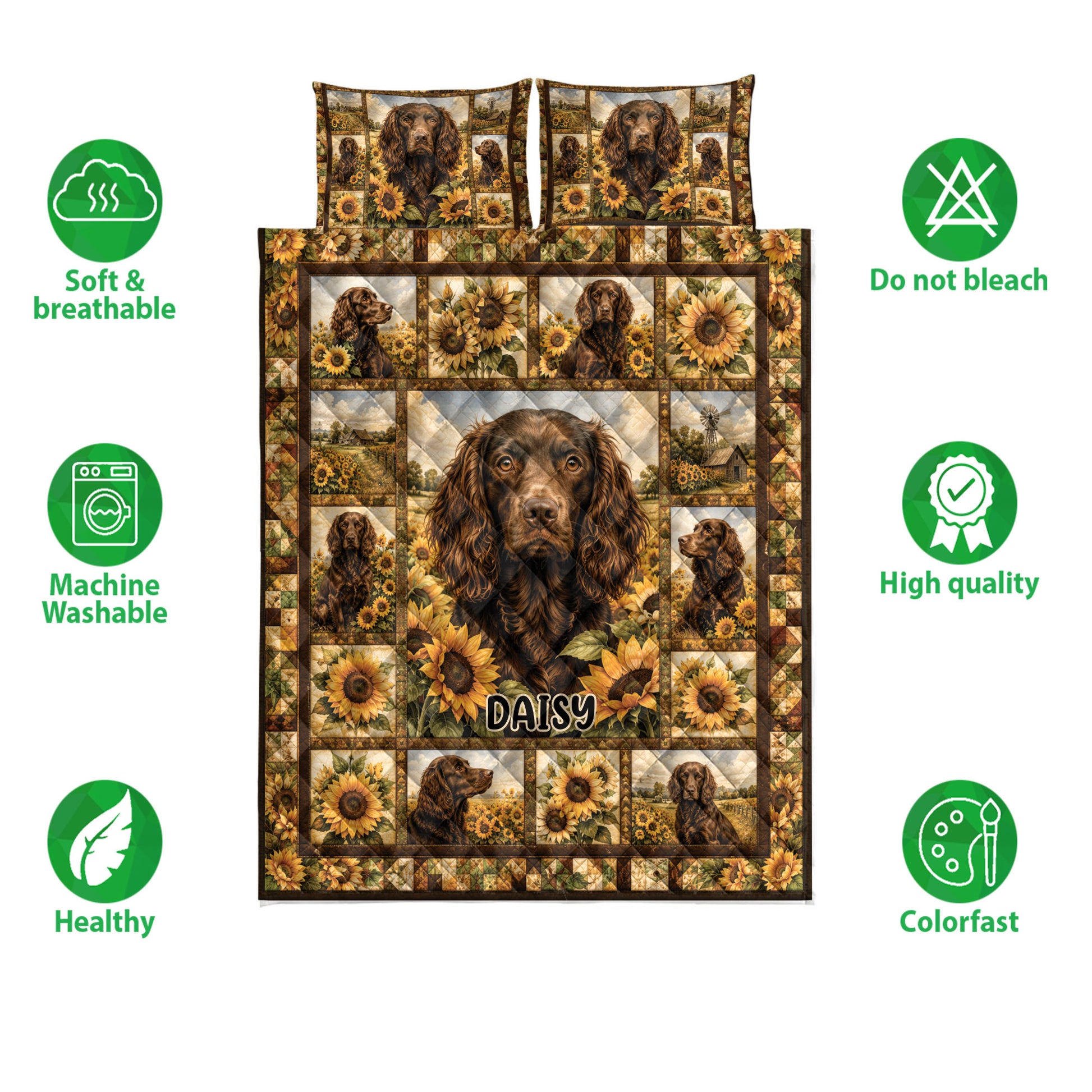 Boykin Spaniel quilt bedding set displayed with sunflower artwork and feature icons around the design