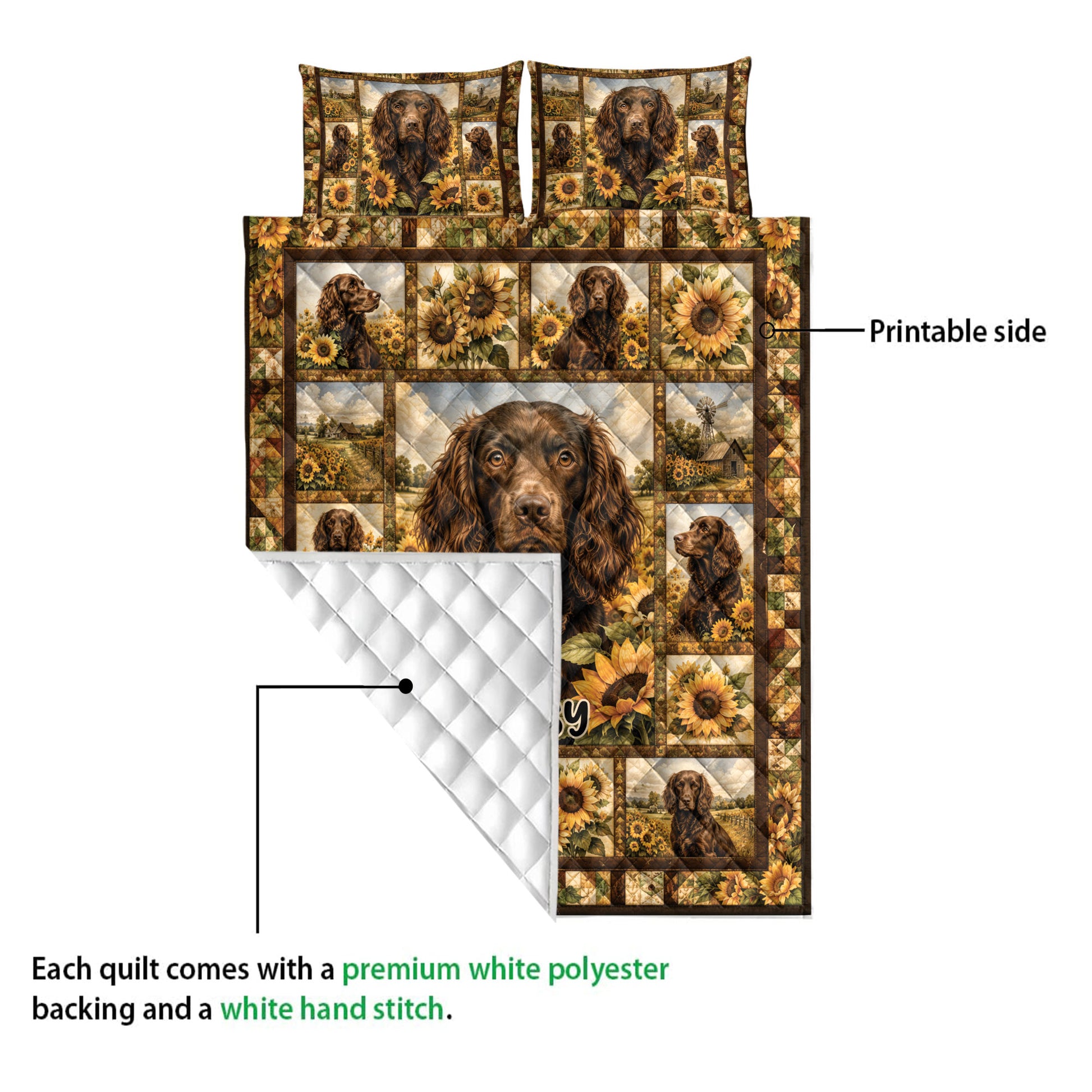 Boykin Spaniel quilt showing its printed side and white quilted backing in a detailed product view