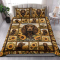 Boykin Spaniel quilt blanket styled on a bedroom bed with sunflower artwork and rustic countryside scenes