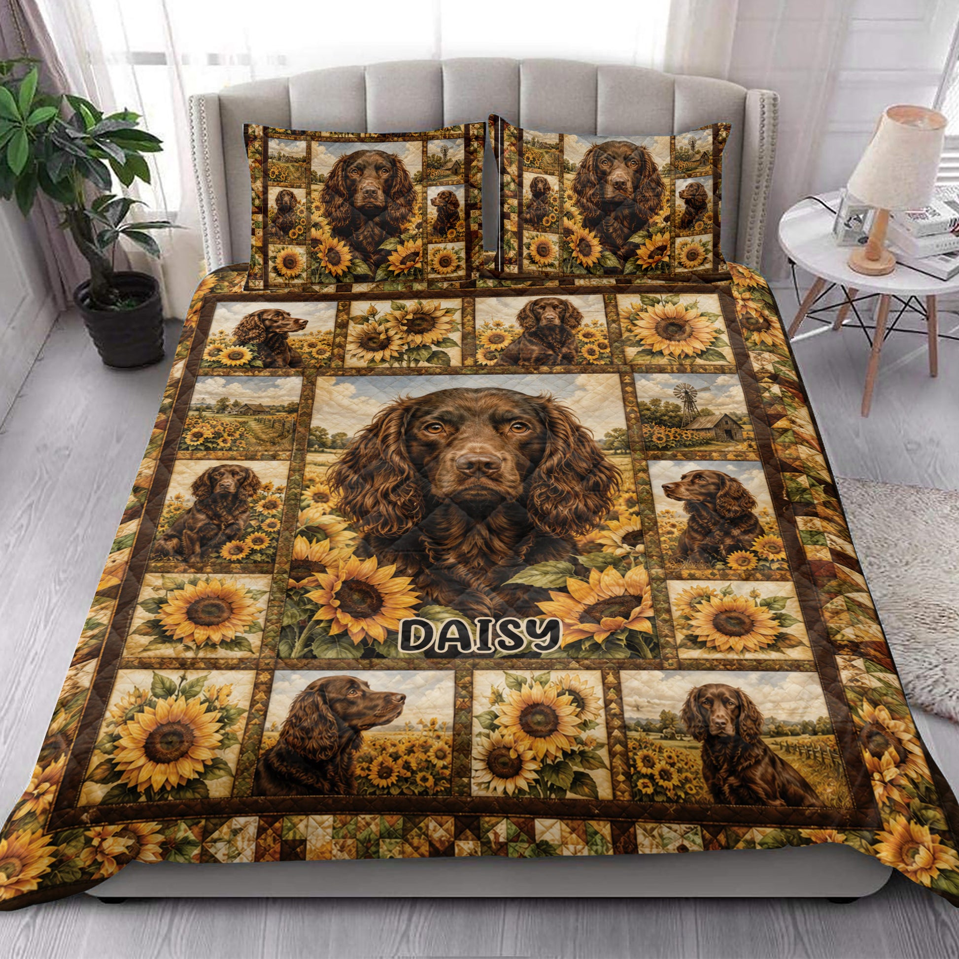 Boykin Spaniel quilt blanket styled on a bedroom bed with sunflower artwork and rustic countryside scenes