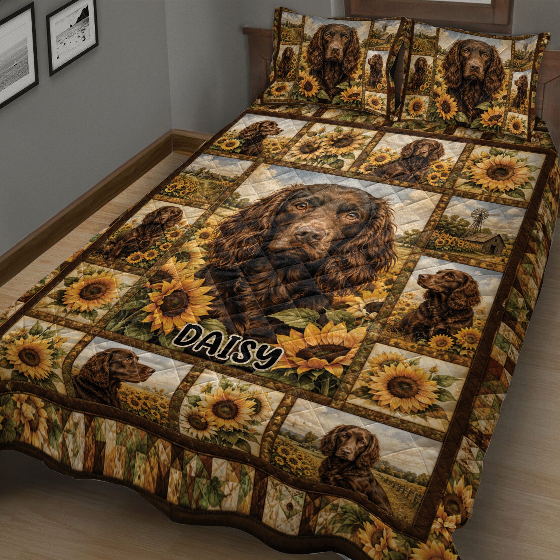 Close bedroom view of a Boykin Spaniel quilt blanket with repeated dog portraits and sunflower panels