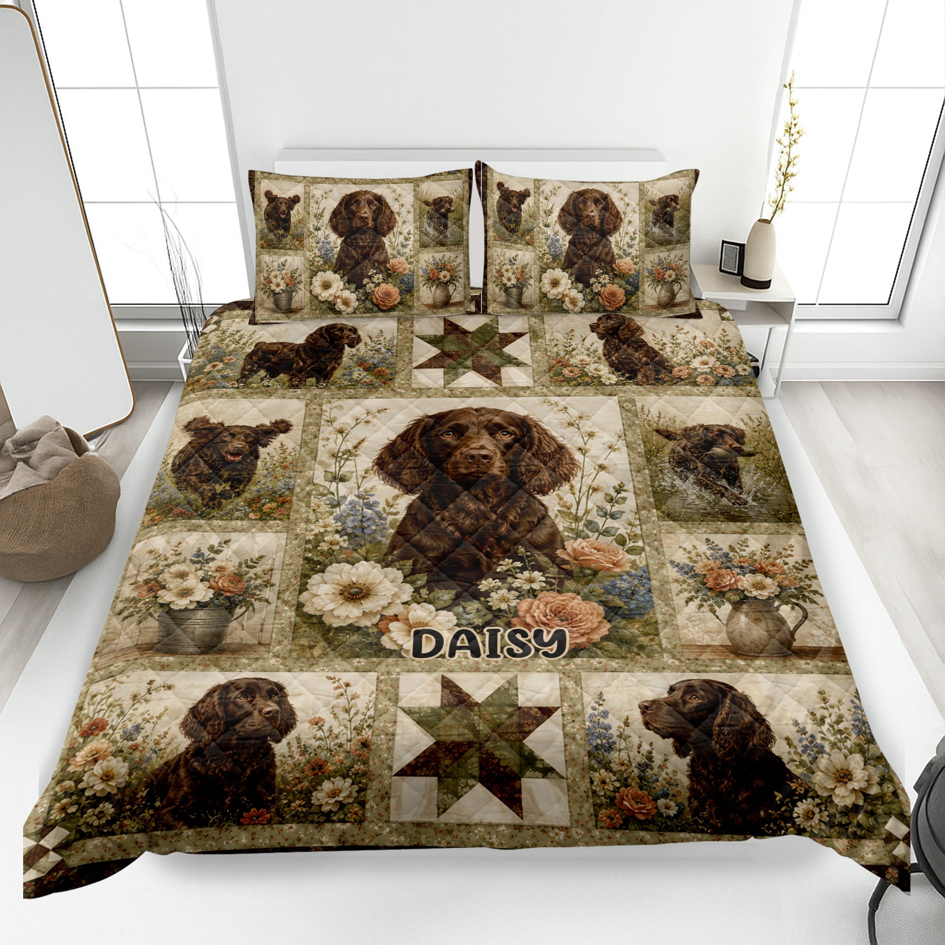 Boykin Spaniel quilt blanket displayed on a bed with floral panels, patchwork stars, and earthy botanical colors