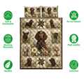 Boykin Spaniel quilt bedding set shown with repeated dog portraits, floral artwork, and product feature icons