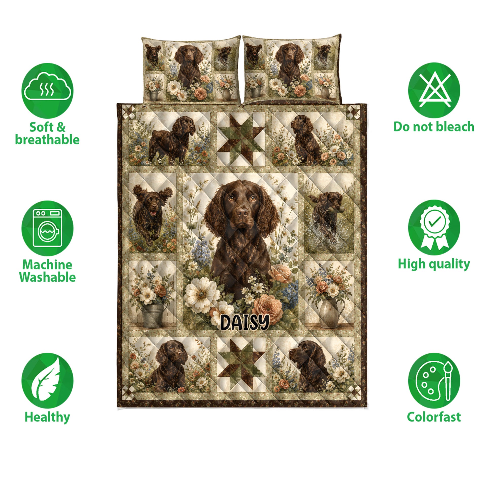 Boykin Spaniel quilt bedding set shown with repeated dog portraits, floral artwork, and product feature icons
