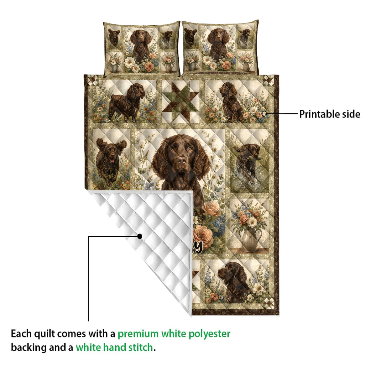 Boykin Spaniel quilt blanket shown with its printed front and white quilted backing in a construction detail view