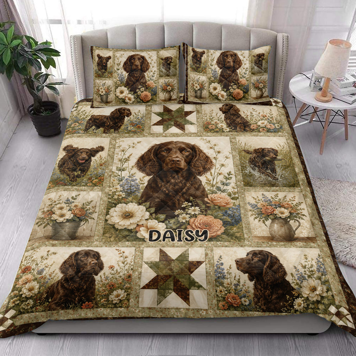 Boykin Spaniel quilt blanket styled in a bright bedroom with matching floral dog artwork and patchwork details