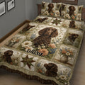 Boykin Spaniel quilt bedding displayed in a cozy bedroom with garden flowers, dog portraits, and rustic patchwork