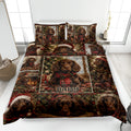 Boykin Spaniel quilt blanket displayed on a bed with Christmas scenes, plaid scarves, and festive greenery
