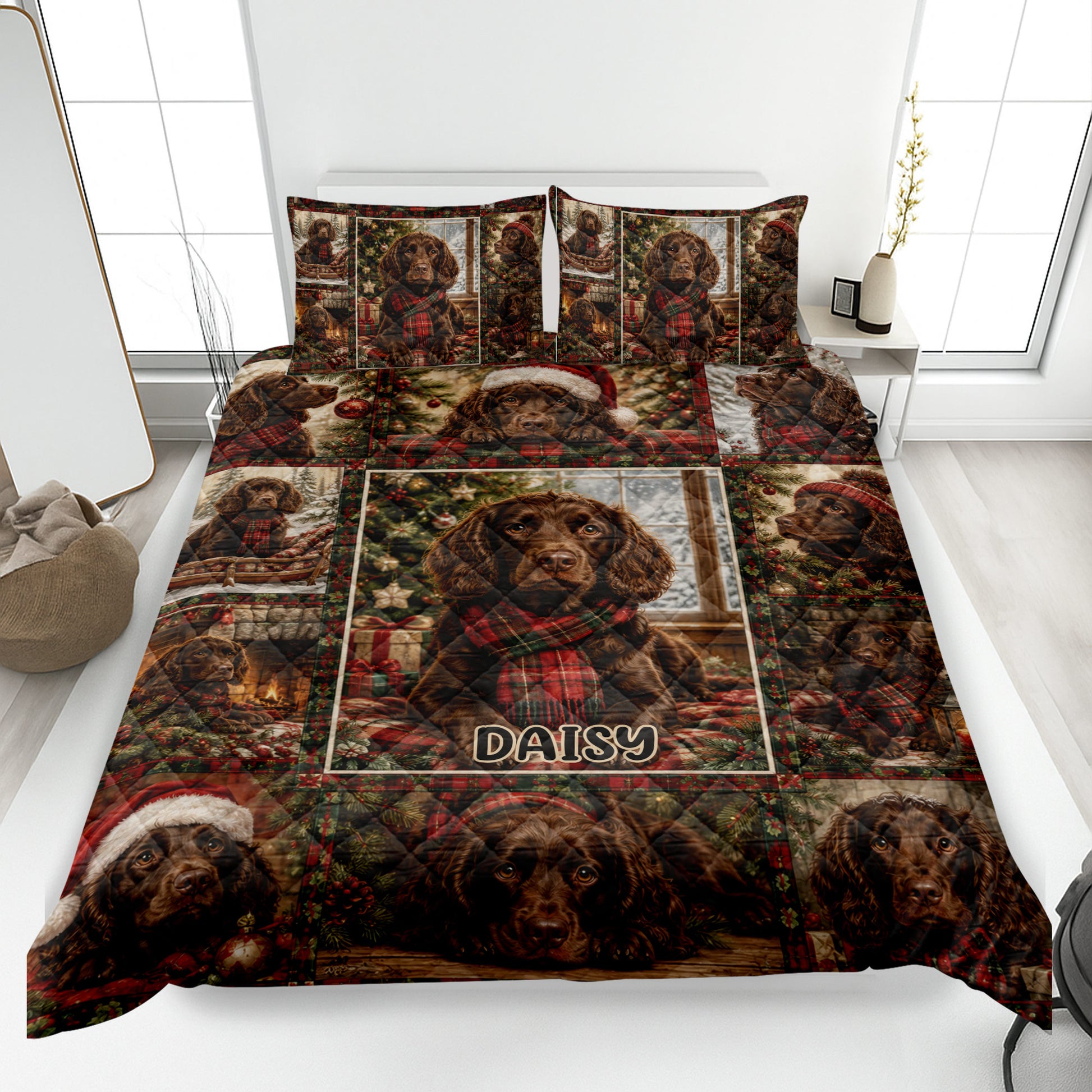 Boykin Spaniel quilt blanket displayed on a bed with Christmas scenes, plaid scarves, and festive greenery