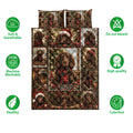 Boykin Spaniel Christmas quilt bedding set shown with soft breathable and care feature icons