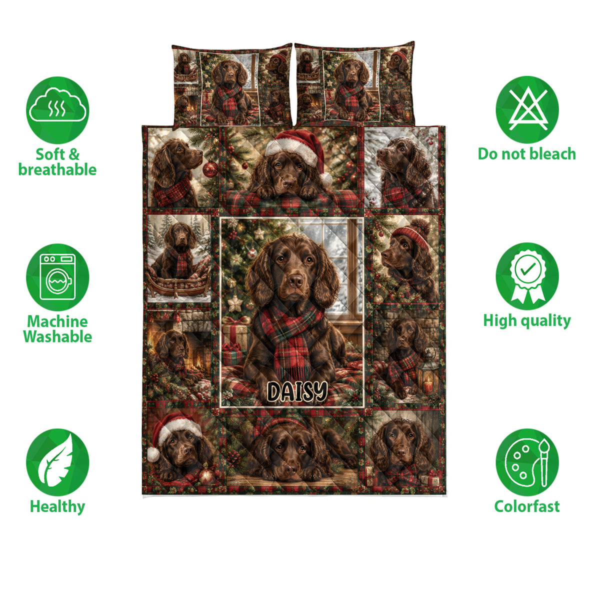 Boykin Spaniel Christmas quilt bedding set shown with soft breathable and care feature icons