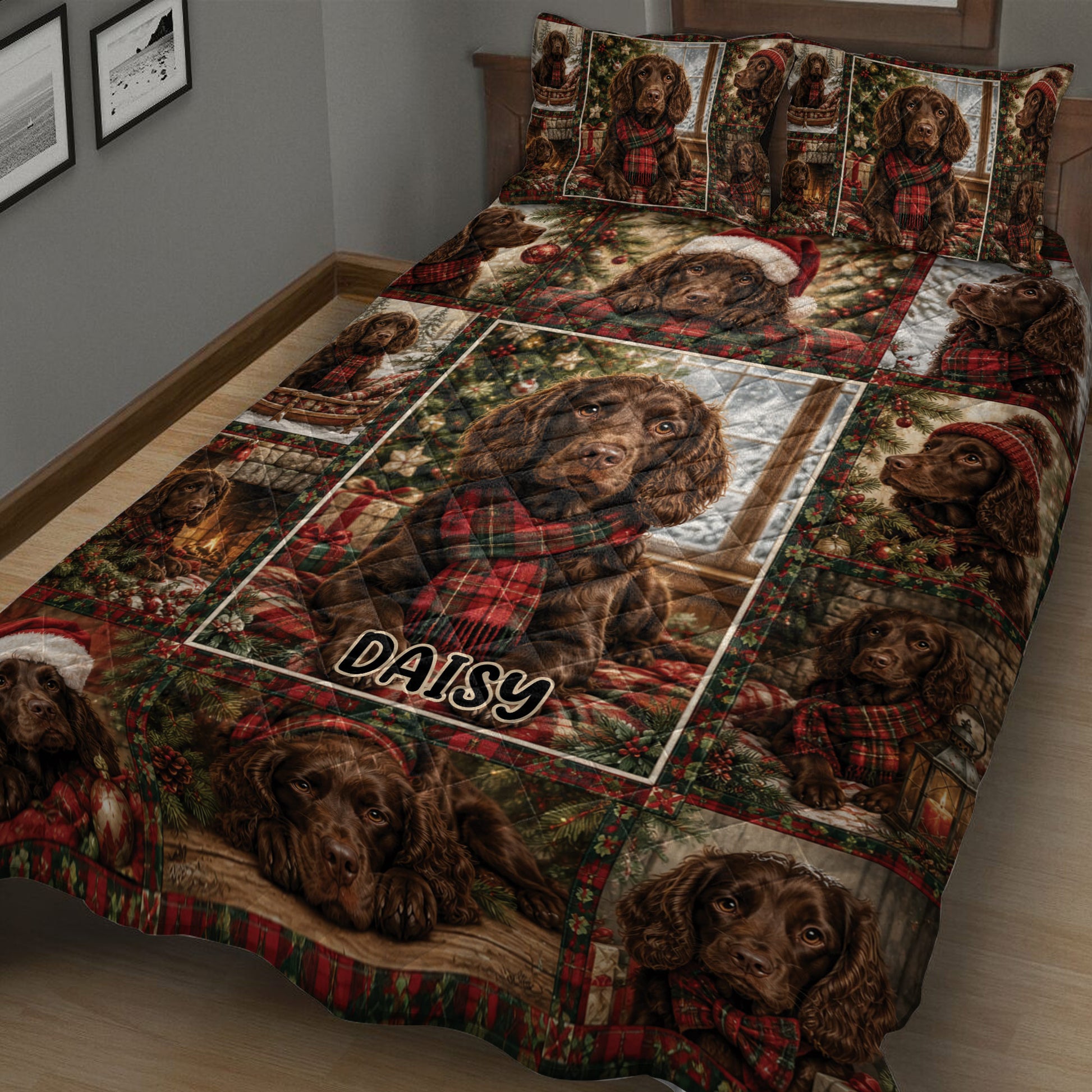 Close bedroom view of a Boykin Spaniel quilt blanket featuring holiday portraits, evergreen branches, and scarves