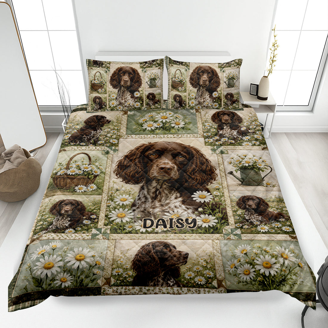 Boykin Spaniel quilt blanket bedding set with floral daisies and garden-themed dog artwork on a bed