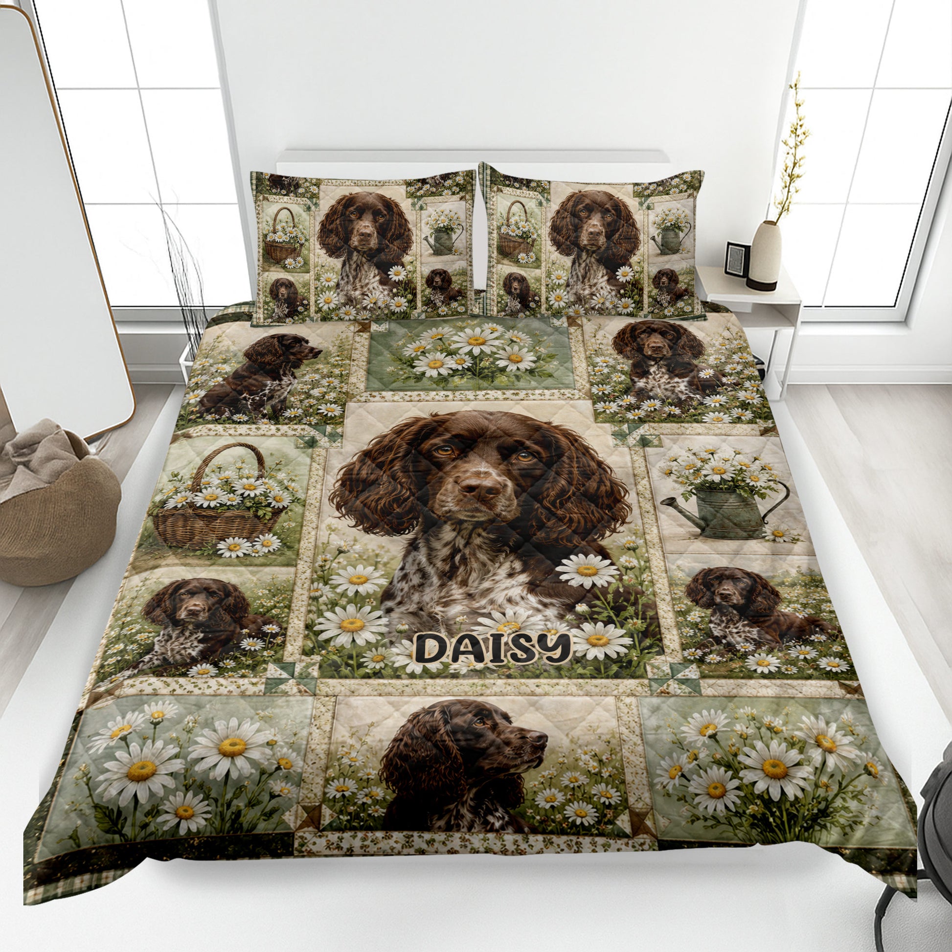 Boykin Spaniel quilt blanket bedding set with floral daisies and garden-themed dog artwork on a bed