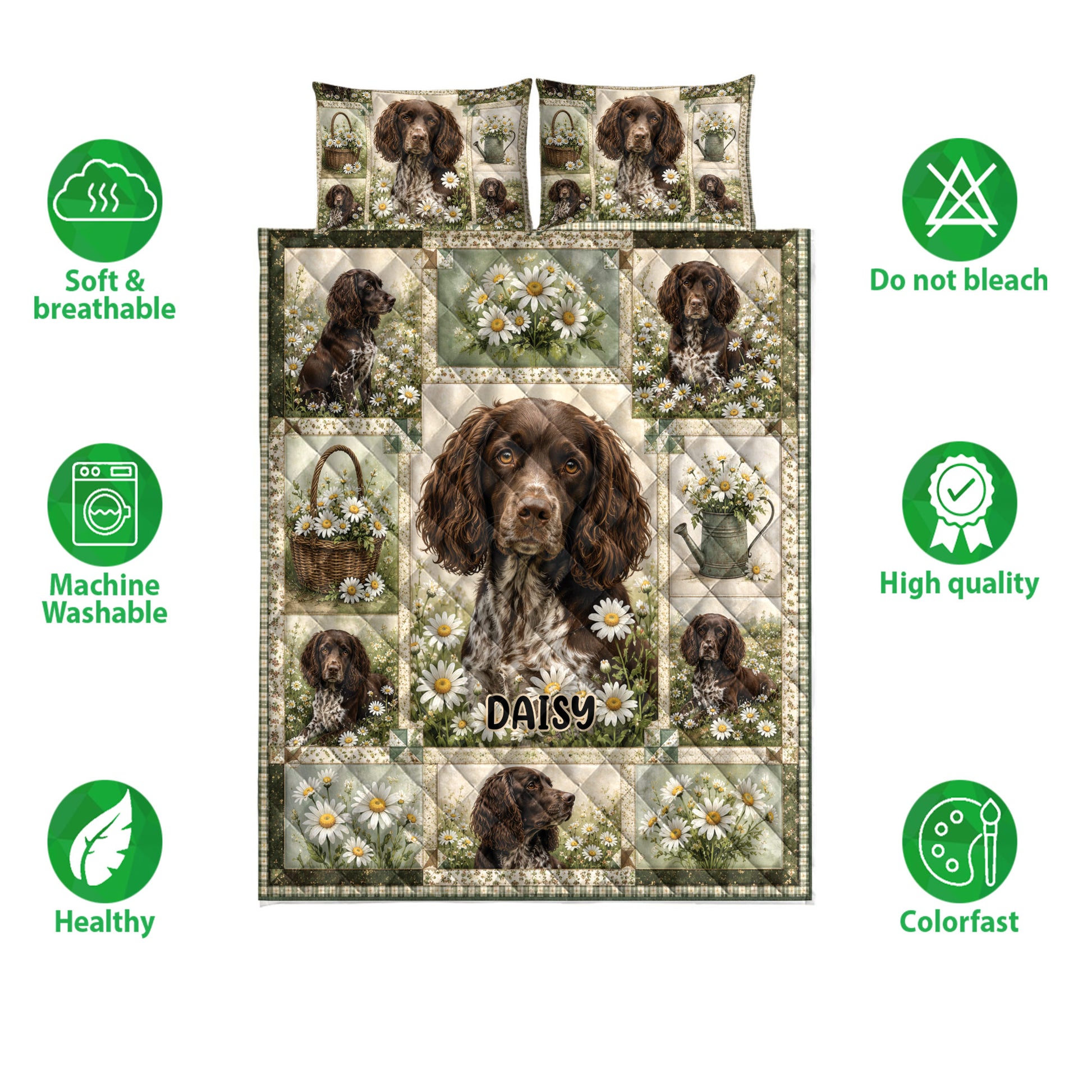 Boykin Spaniel quilt bedding set with repeated dog portraits, daisies, and garden-inspired panels