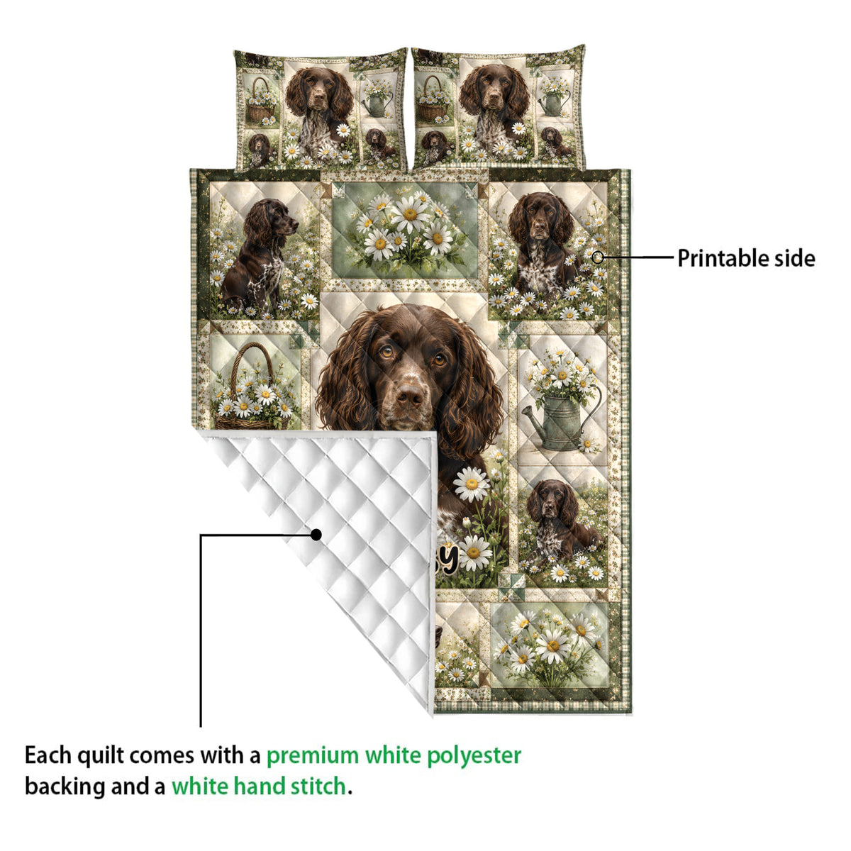 Boykin Spaniel quilt close-up showing a floral dog design, printed front, and quilted white backing