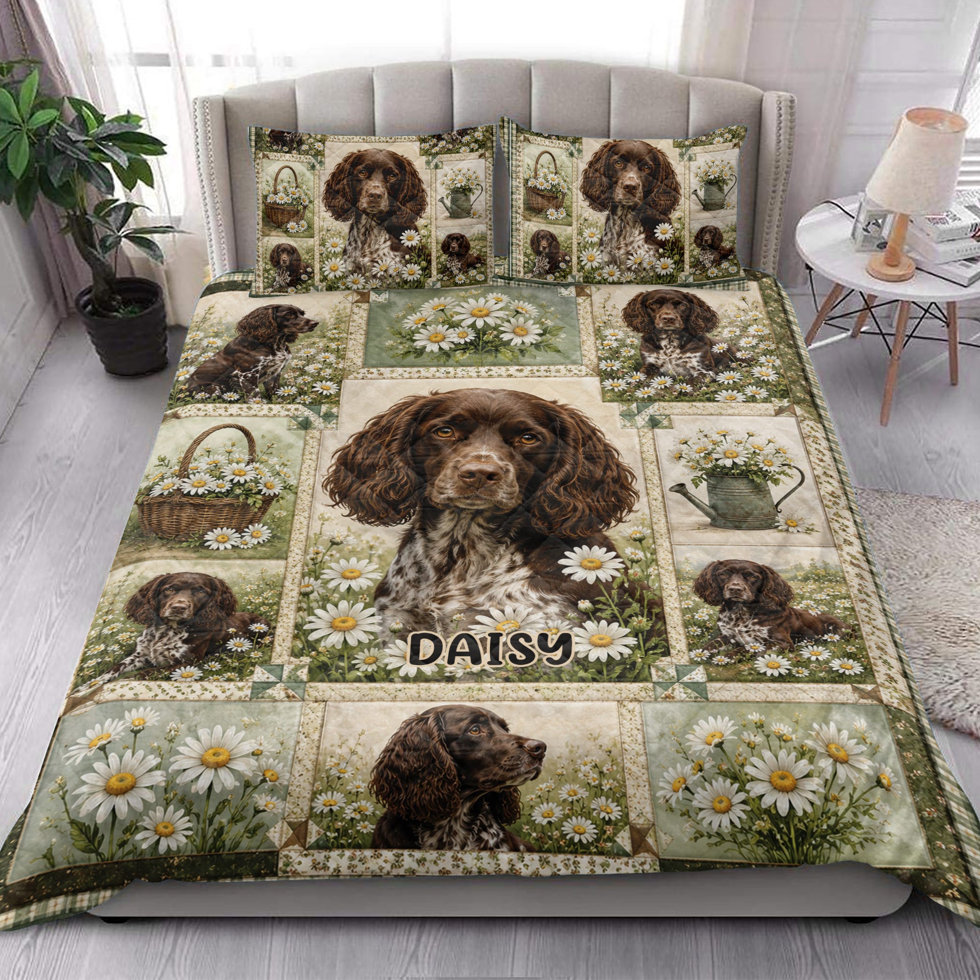 Boykin Spaniel quilt blanket displayed in a bright bedroom with spaniel and daisy artwork