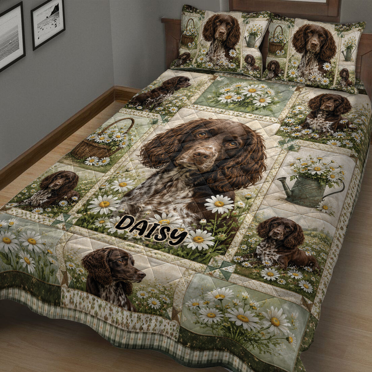 Boykin Spaniel bedspread with garden flowers, multiple spaniel portraits, and rustic bedroom decor