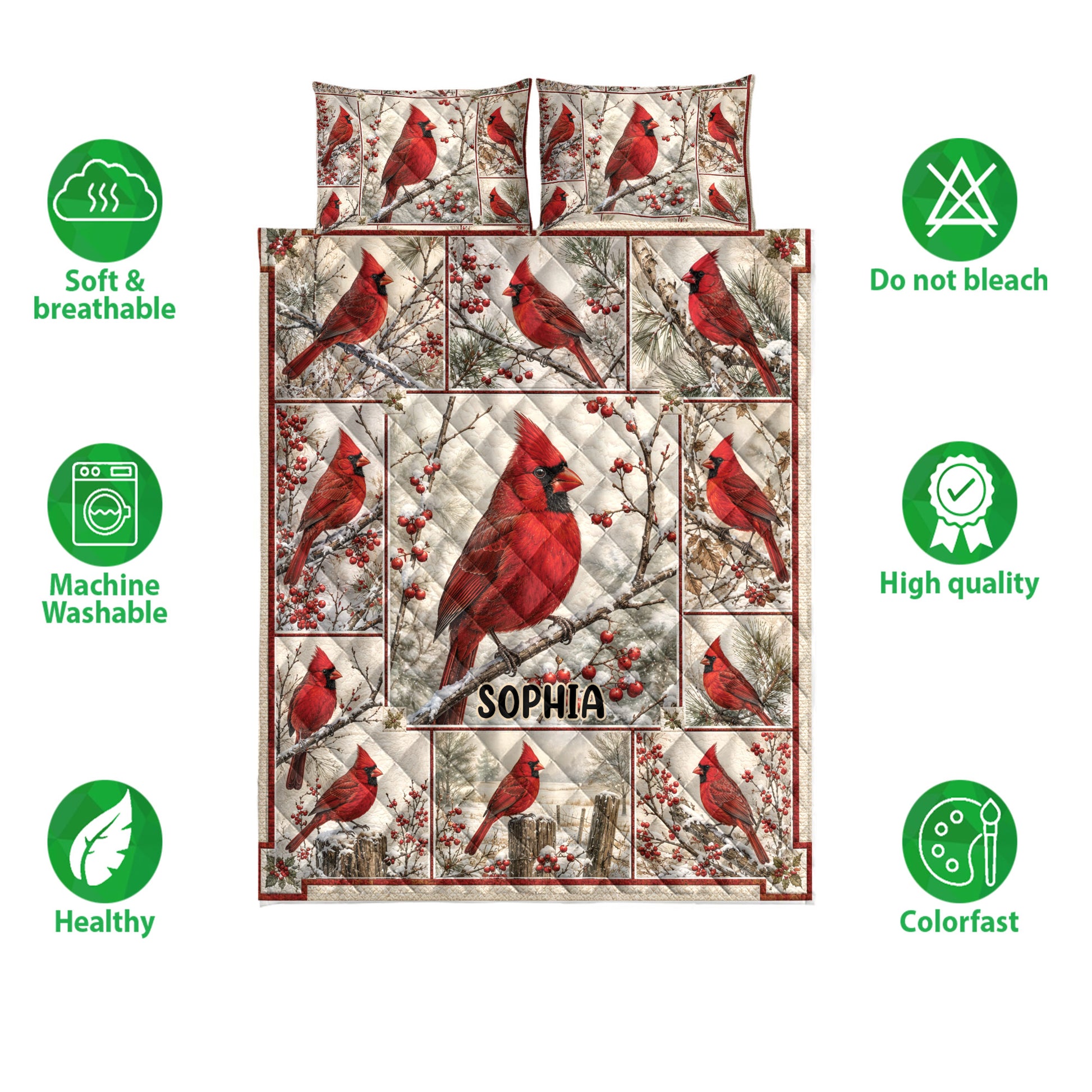 Cardinal quilt bedding set displayed with red bird artwork and product feature icons around the design