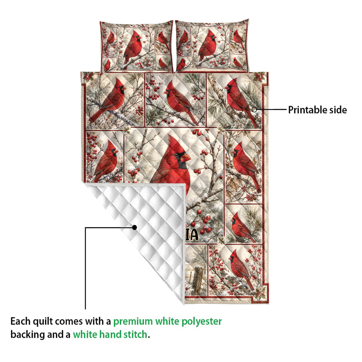 Cardinal quilt close-up showing the printed winter bird artwork and white quilted backing