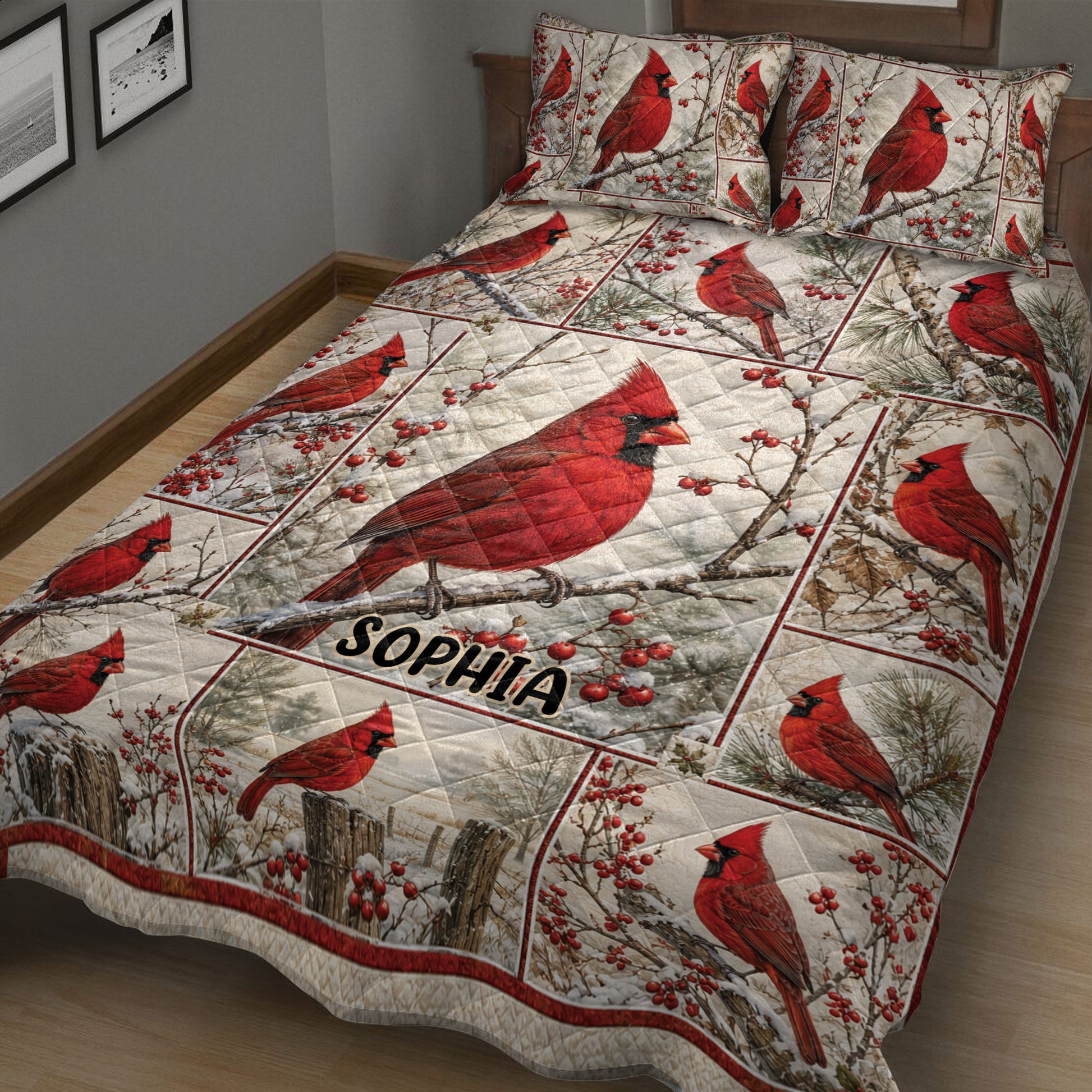 Cardinal bird quilt blanket shown on a bedroom bed with red cardinals, snowy branches, and berry accents