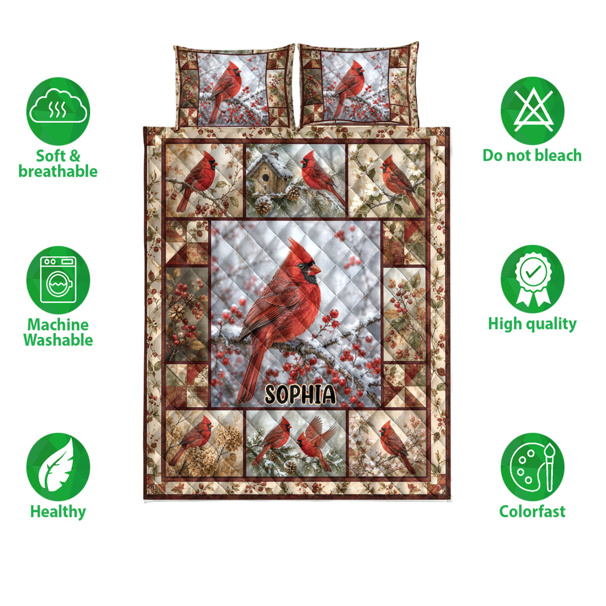 Cardinal quilt bedding set shown with red bird artwork and soft, breathable, machine washable feature icons